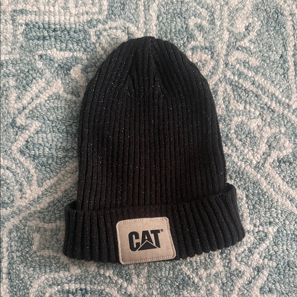Caterpillar Black Ribbed Beanie Hat with Shimmery Thread & CAT Patch
